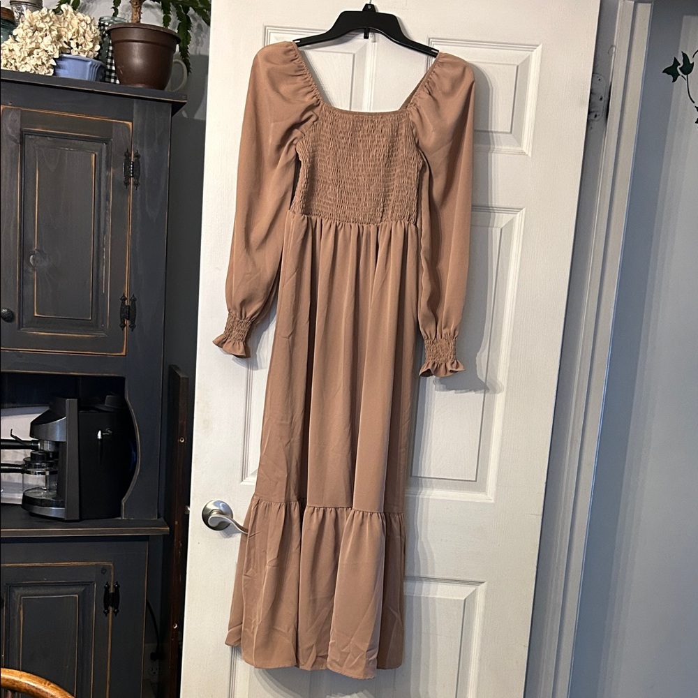 Elegant Tan Long Sleeve Dress